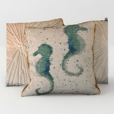 GULF SHORE SEAHORSE THROW PILLOW Watercolor Seafoam Green, Blue, White 17x15w