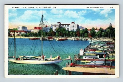 St Petersburg FL, Central Yacht Basin, Boats, Florida Vintage Postcard