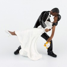 Fashion Dancing Black Couple Bride and Groom Dance Kiss Wedding Cake Topper