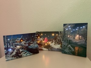 Set of 3 LED Lighted Canvas Wall Art Winter Christmas Scenes Battery Operated