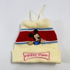 Disney Mickey Mouse Vintage Knit Beanie Hat Cream Red Blue Striped Embroidered