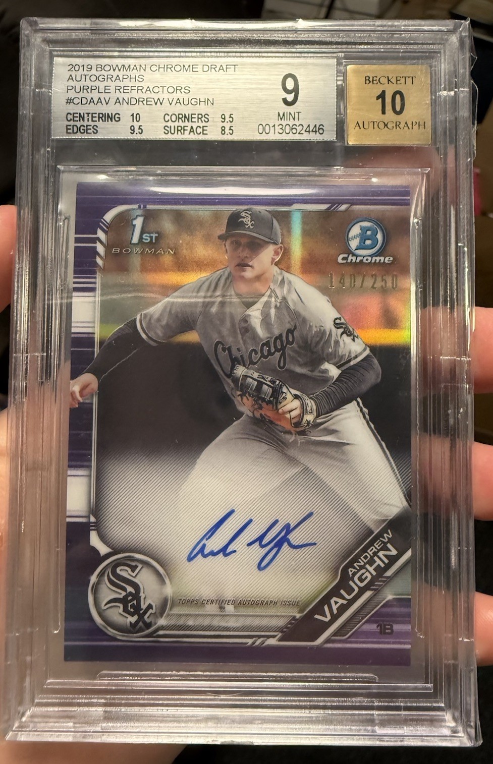 ANDREW VAUGHN 2019 Bowman Chrome Draft Purple Refractor RC Auto #/250 BGS 9/10