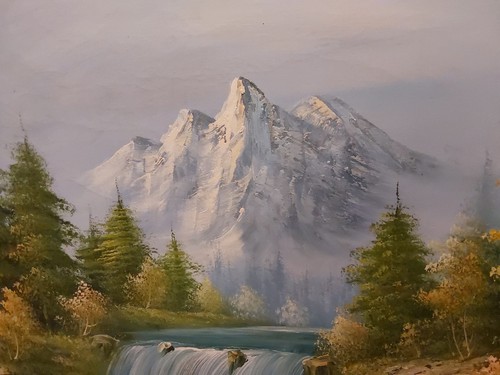 Original Vintage Signed Oil Painting MOUNTAINS TREES WATERFALL 36" X 24" - Picture 7 of 10