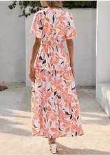 KIRUNDO XL Orange White Floral Midi Dress V-Neck Smocked Waist Flutter Sleeve