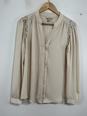 Womans Loft  Long Sleeve Dress Blouse Small Pink Button Down V Neck Pearl Lace