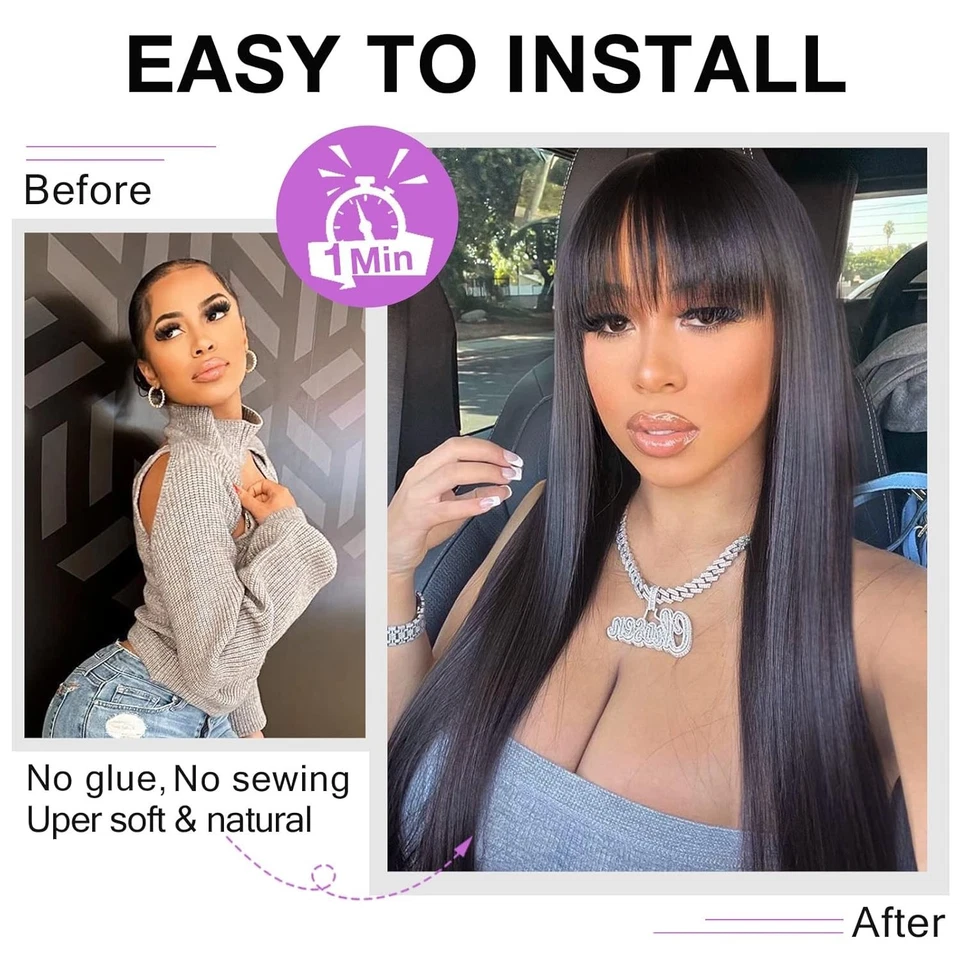 Straight Human Hair Wigs with Bangs 2x1 Lace Wigs with BangsHuman Hair Wig - Image 3 of 4