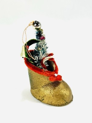 Vintage Paper Mache Gold Boot Candy Cane Bottle Brush Tree Christmas Ornament