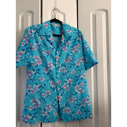 Men's Vintage Hilo Hattie Hawaiian Shirt Floral Aloha Button Down Turquoise L - Picture 5 of 6