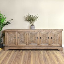 Large Rustic Farmhouse Style 5 Door Reclaimed Elm Carved Design Sideboard