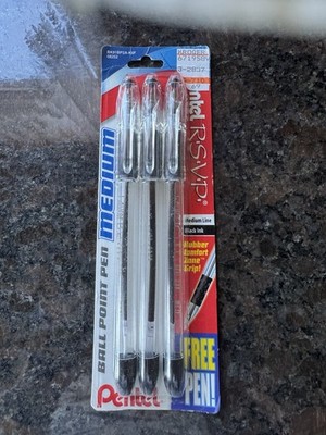 Pentel R.S.V.P. Medium Ballpoint Pens 2/Pkg-Black BK91BP2-A FREE PEN!  VTG USA