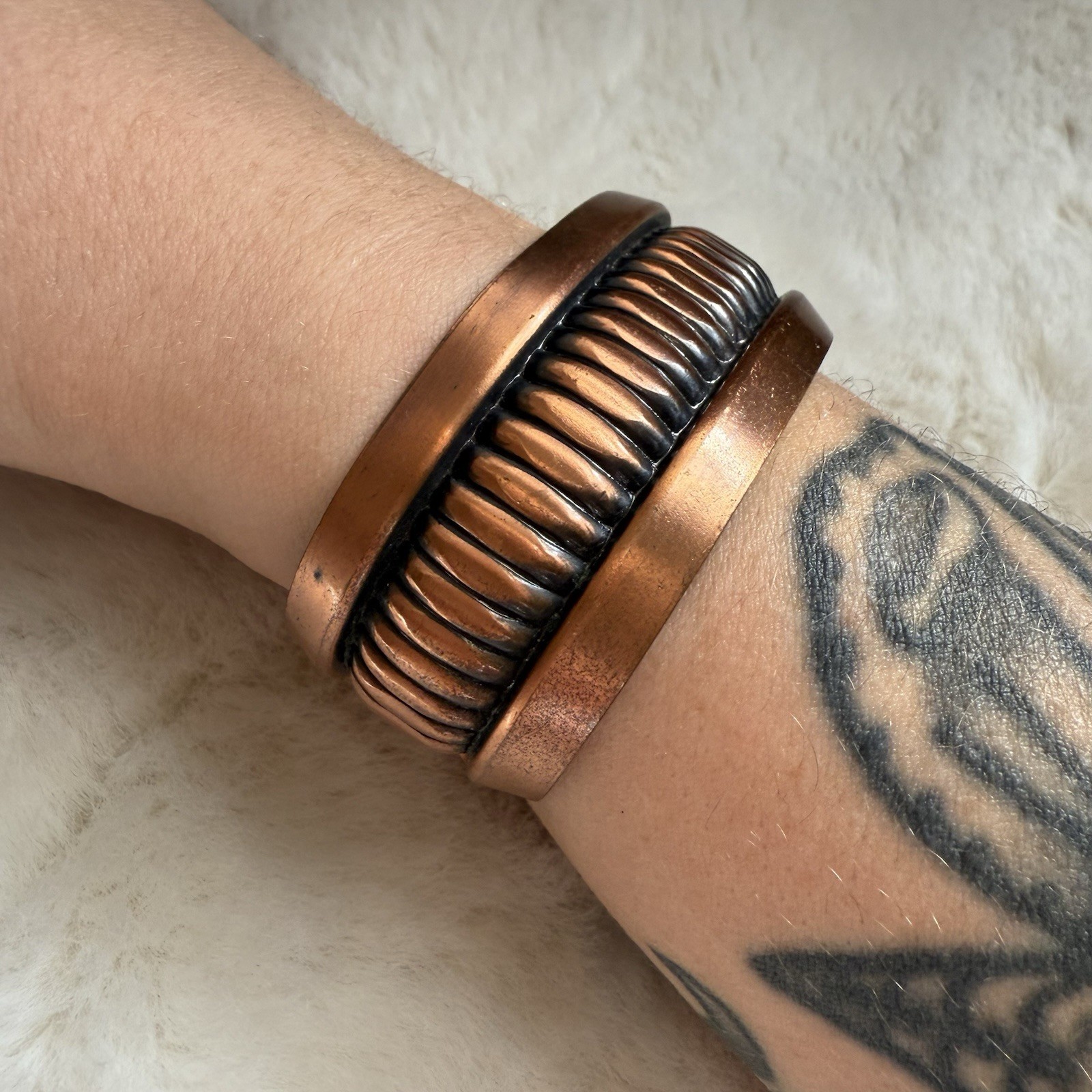 Vintage Solid Copper Ridged Textured Bracelet Cuf… - image 2
