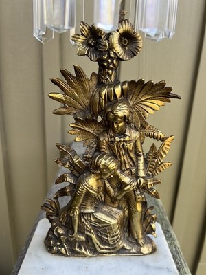 19th C Antique Girandole Candelabra Figural Couple Marble Base Prism Drops