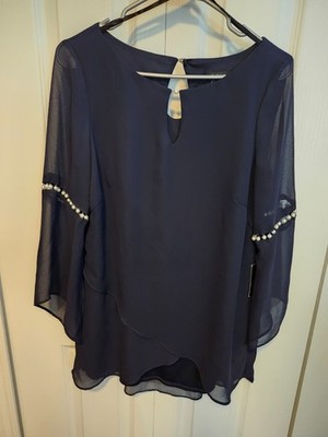 NWT WOMENS LE BOS NAVY BLOUSE W/ PEARL'S SZ. 10