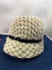Vintage Cream Faux Fur Hat With Black Netting Velvet Ribbon  Bow Retro Womens A