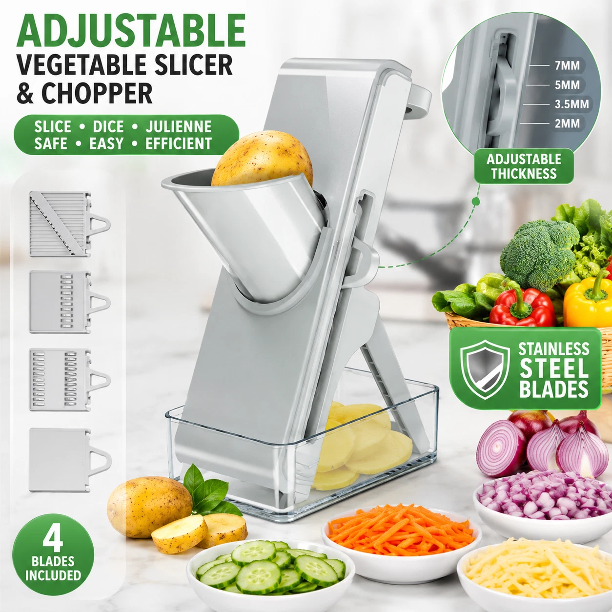 Adjustable Stainless Steel Vegetable Slicer Chopper Mandoline Cutter w/ 4 Blades
Opens in a new wind