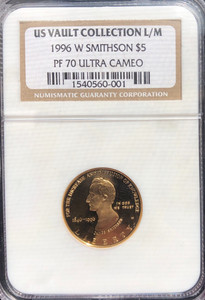 1996 W SMITHSONIAN $5 GOLD COMMEMORATIVE NGC PF70UC U.S.  VAULT COLLECTION L/M B