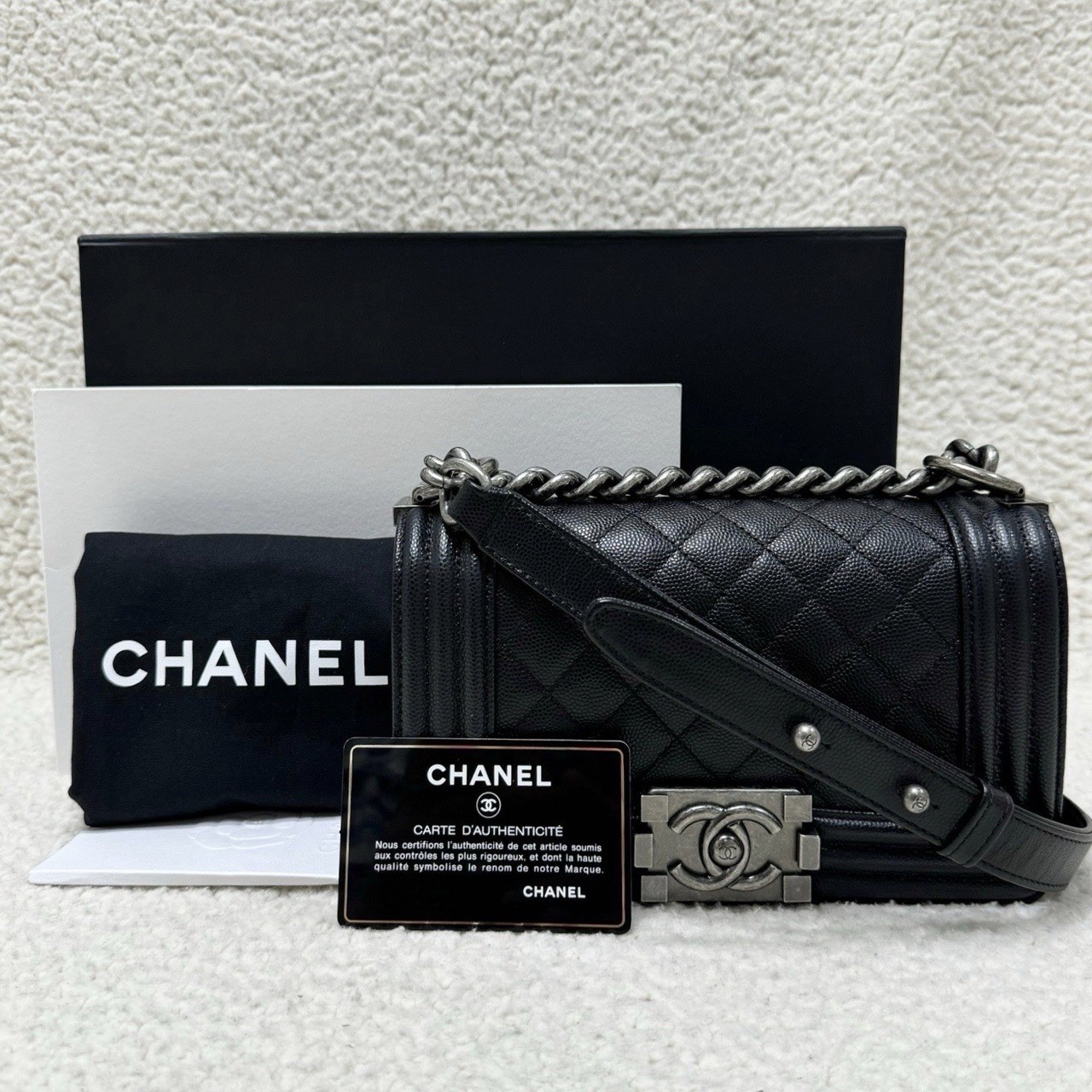 CHANEL Boy Caviar/Quilted Shoulder Bag Small Black Leather