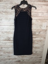 Adrianna Papell Dress Womens 4 Navy Shutter Pleat Lace Detail Sleeveless Sheath