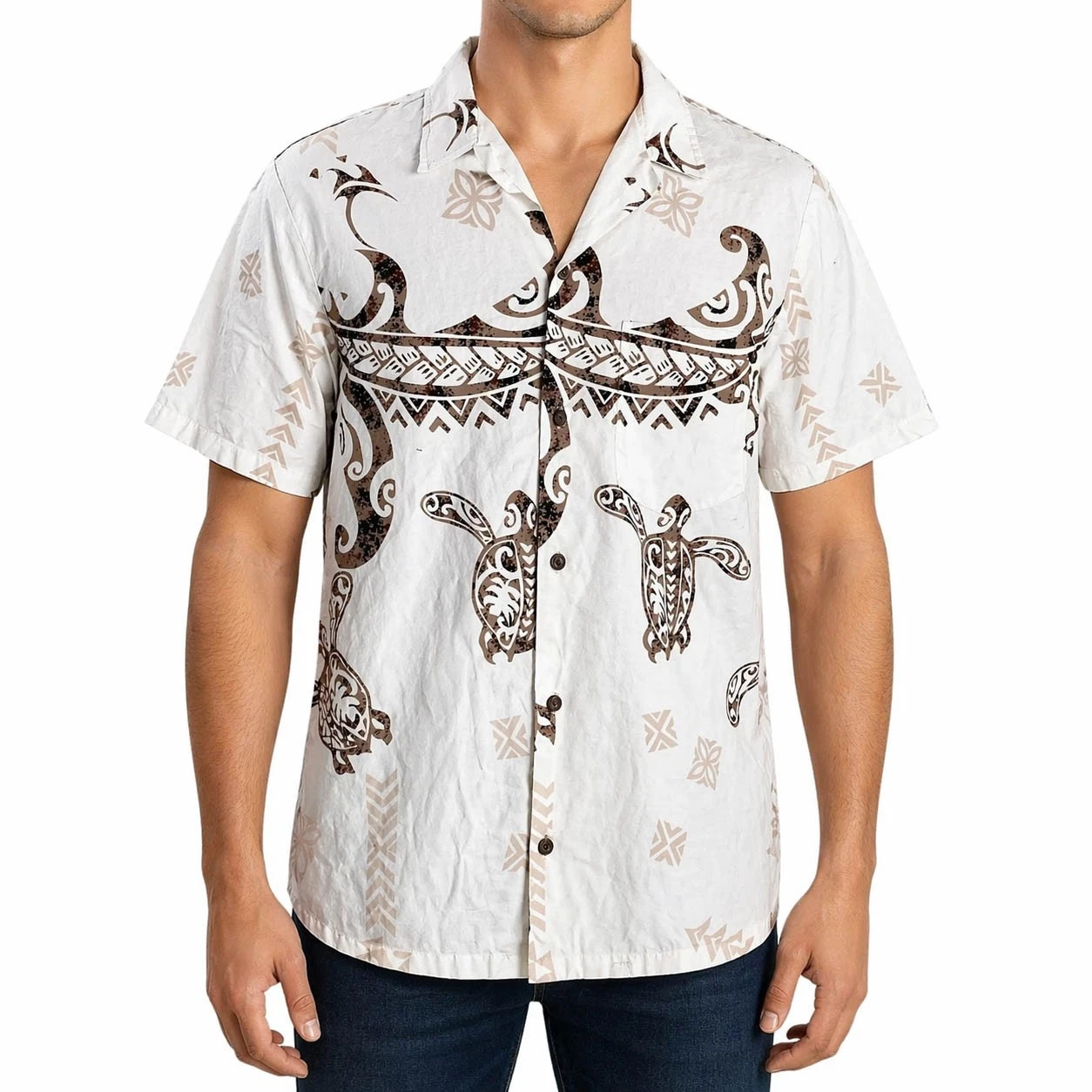 RJC Hawaiian Aloha Shirt Large Sea Turtles Tribal Symbols White Brown