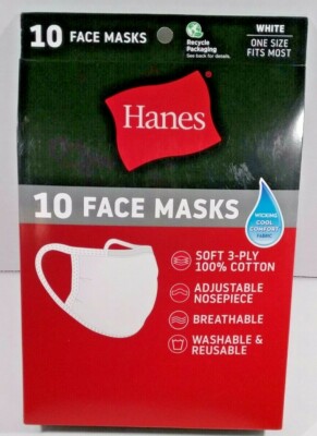 Hanes Cloth Face Mask 10 Pack | 100% Cotton Washable & Reusable | White NIB