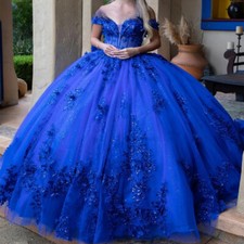 Royal Blue Off Shoulder Quinceanera Dress, Lace Applique Backless Bow Ball Gown