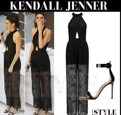 ❤️NEW $240 KENDALL & KYLIE 14 L Black Hannah lace wide leg lace jumpsuit clubing - Picture 3 of 8