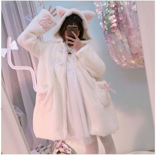 Lady Girl Lolita Hooded Coat Jacket Faux Fur Soft Cute Cat Ear Warm Sweat Winter - Afbeelding 1 van 7