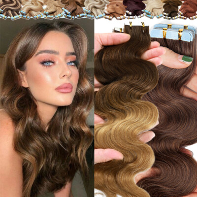 Body Wave Tape In Remy Human Hair Extensions Thick 60PCS Full Head Skin  Weft