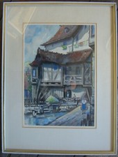 ::AQUARELL TÜBINGEN KLÖSTERLE SIGNIERT HÜBNER °FACHWERK ALTSTADT NONNENHAUS