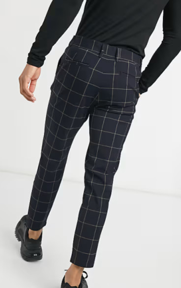 Bershka Asos Skinny Cropped Fit Black Grid Check Pants Men's 32 Flat Front image 3