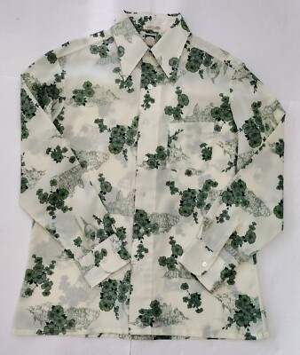 バロン Vtg Korea Bardon Inc Men's Large Green Floral Long Slv Polyester