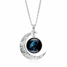 Moon Shaped Zodiac Sign Necklace Horoscope Astrological Pendant with 17" Chain 