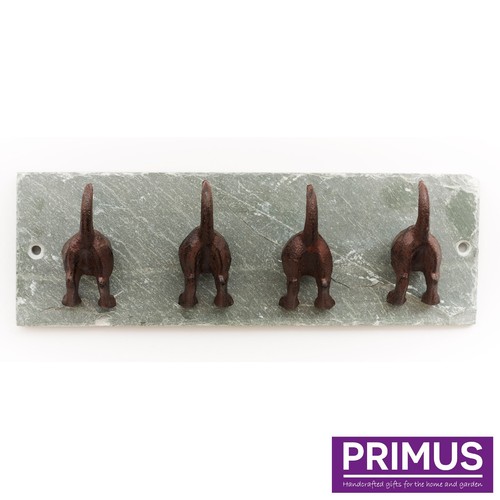 Primus Cast Iron Puppy Dog Tail Coat Lead Hooks x 4 on Slate 30x10cm