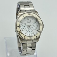 Unisex GUESS Silver Tone All Stainless Watch, White Dial, Quartz, Runs U10598L1