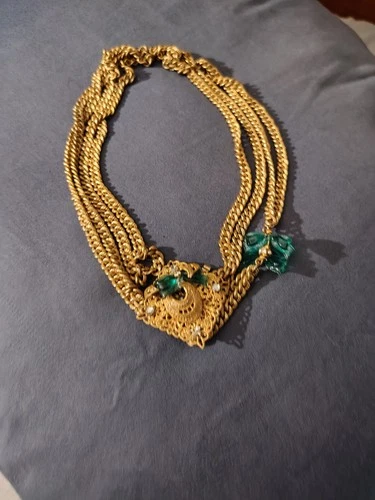 Miriam Haskell Signed. Choker Necklace. Four Strand Gold Colored Chain