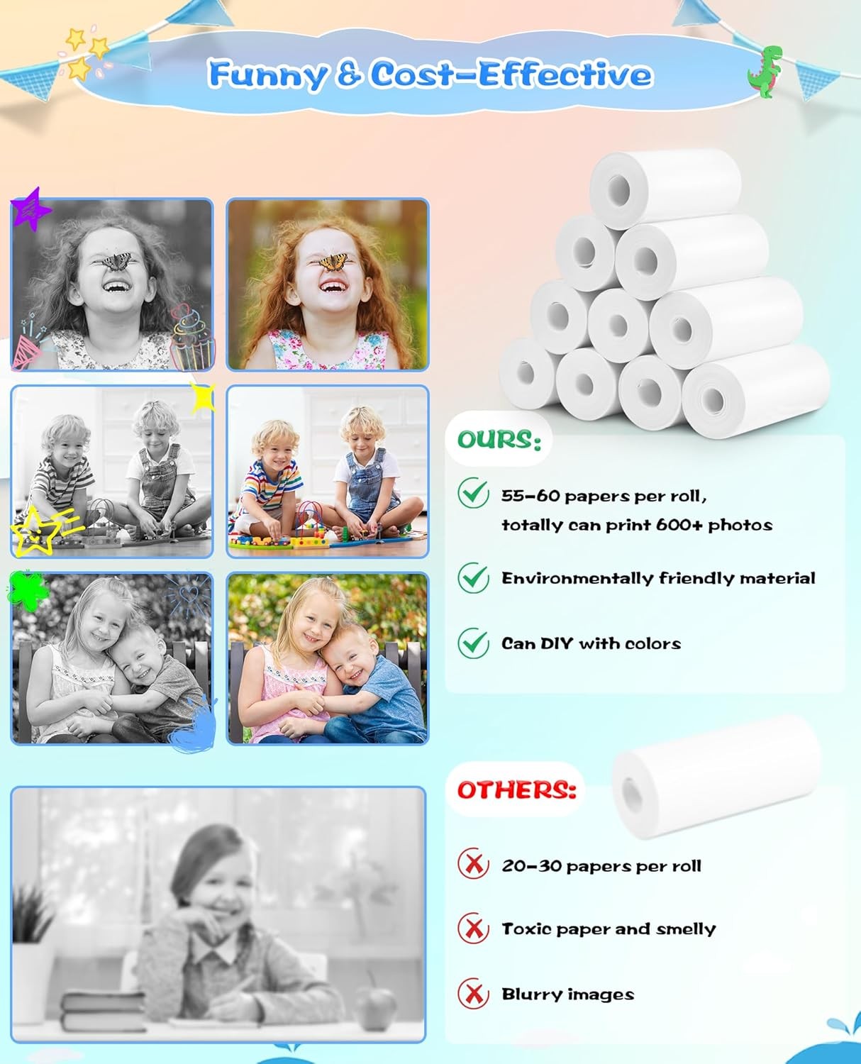 Thermal Paper, 10 Rolls Refill Print Paper for Kids Instant White 