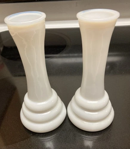 Two Vintage Milk Glass Bud Vases White Stacked Ring Base Beehive 6in By Randall