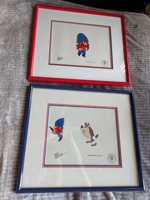   RARE Pair Friz Freleng Signed Hand-Painted Animation Cels - Yosemite Sam & Taz