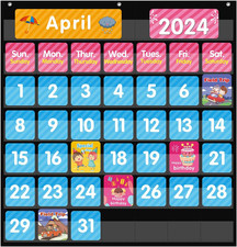 Large 44 Pockets Calendar Pocket Chart for Classroom with 85 Cards, Size:25  X 2