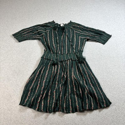 Roller Rabbit Dress Women Medium Green Floral Smocked Waist Tassel Boho Romantic