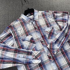 Rock 47 Shirt Mens XL Blue Red White Plaid Western Pearl Snap Embroidered Rodeo