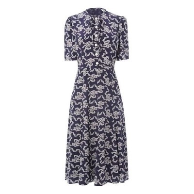NEW LK Bennett Navy Silk Pearl Montana Midi Dress US 12