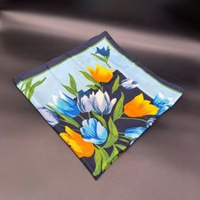 Vintage Floral Scarf Tulip Flowers Yellow Orange Blue Navy Retro Fashion