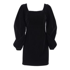 Robe Courte Mini En Velours Polyester Manches Bouffantes Col Carré Bodycon Noire