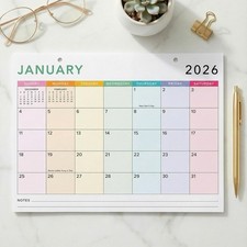 Colorful 2026 Desk Calendar - Runs from January 2026 until July 2027 - Large Eas