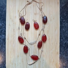 Red Beaded Layered Necklace Earring Set