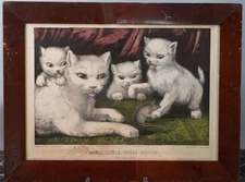 c1890 Currier and Ives Cats Hand Colored Lithograph "Three Little White Kitties"