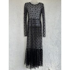 Black Sheer Mesh Star Print Tiered Maxi Dress Women 6 Celestial Grunge Goth
