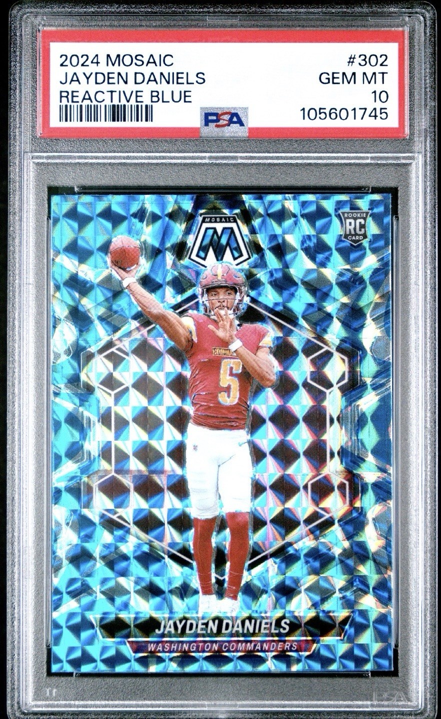 2024 Panini Mosaic Rookies Jayden Daniels #302 Reactive Blue Prizm RC PSA 10 view 1