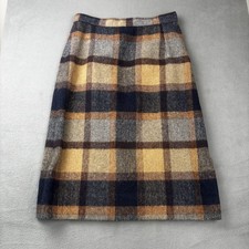 Vintage Plaid Wool Skirt Womens Medium A-Line Knee Length Tweed Navy Brown 70s